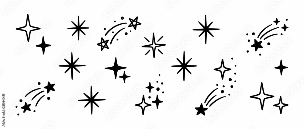 Fototapeta premium Celestial stars and shooting stars icons isolated on transparent background. Astronomy symbols and space elements. Star, comet, shooting star, meteor. Minimalist design for logos, posters,.