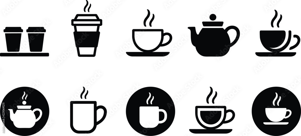 Fototapeta premium Set of modern black coffee cup and teapot vector icons isolated on white background for cafe drink menu concept