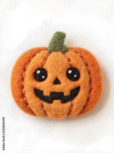 Cute Handmade Felt Jack-O'-Lantern Pumpkin on White Background