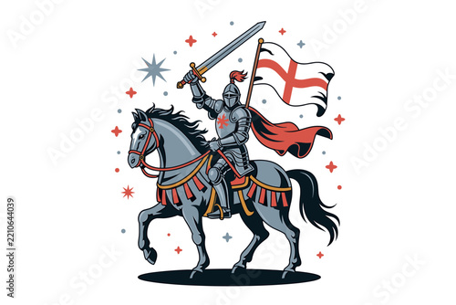 Medieval knight on horse raising union jack flag in heraldic celebration with laurel wreath border.