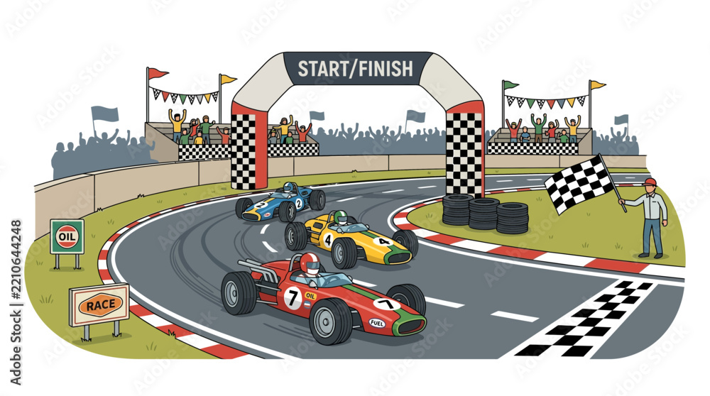 Obraz premium Formula 1 Race Cars Speeding Towards Start/Finish Line, Chequered Flag