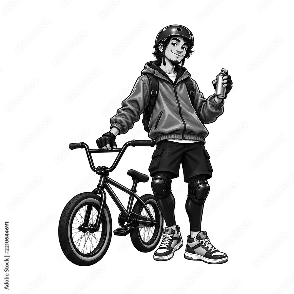 Obraz premium Cool graffiti sprayer with bike and spray paint can in urban setting