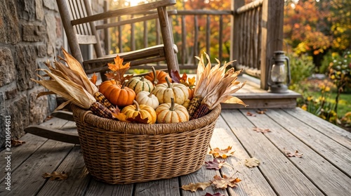 Wicker Basket with Pumpkins and Corn on Autumn Porch