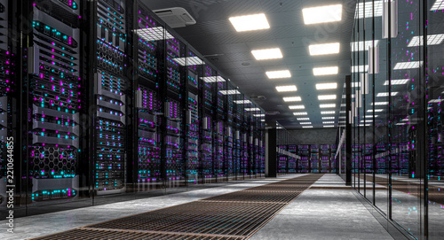 server room with glowing network lights 3d