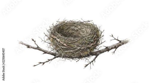Small bird nest made of dry twigs and branches sitting on a tree limb