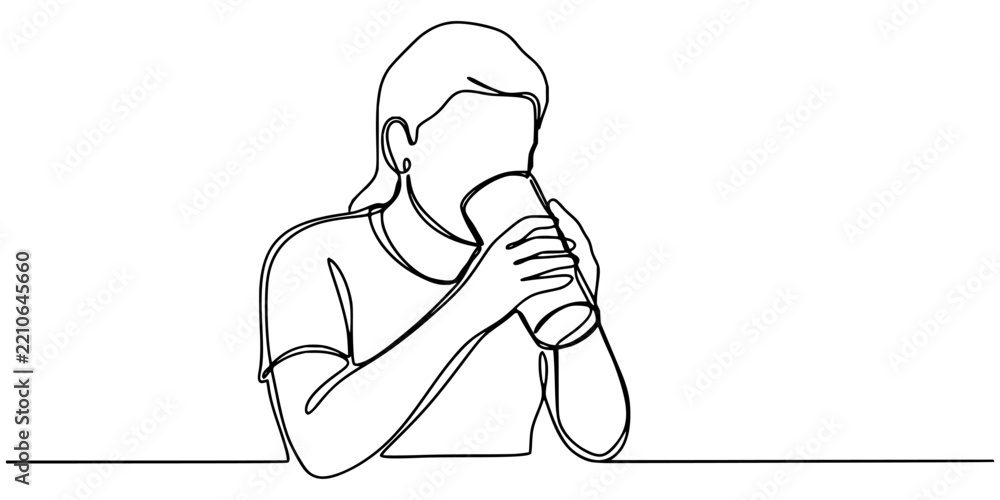 Obraz premium Continuous single line drawing of a woman drinking water from a glass cup showing a healthy lifestyle habit with simple minimalist style and clean black lines on a plain background for art decor