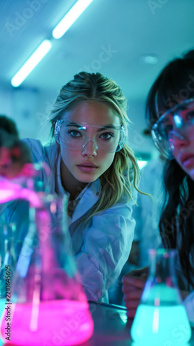 Female scientist conducting chemistry experiment in modern laboratory for biotechnology research background