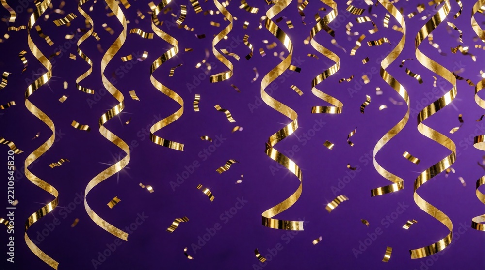Obraz premium Golden metallic confetti rain falls on purple background. Shiny gold streamers, ribbons drop vertically for festive celebration. Luxury party decoration with sparkling glitter effect perfect for