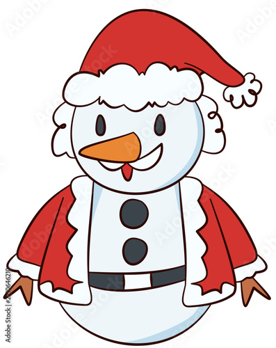 A vector illustration of a cheerful snowman dressed in a red Santa Claus costume.