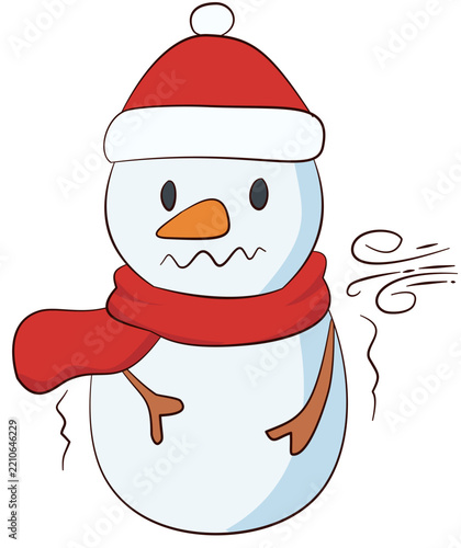 A vector illustration of a cold snowman shivering with wind blowing.