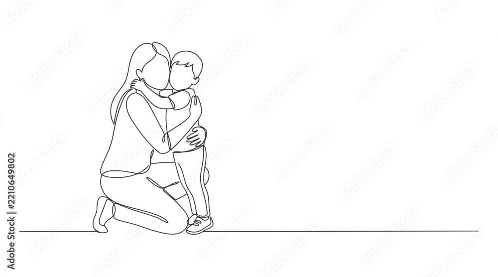Fototapeta premium Single line art drawing of a mother kneeling and hugging her child with continuous line family bond monoline