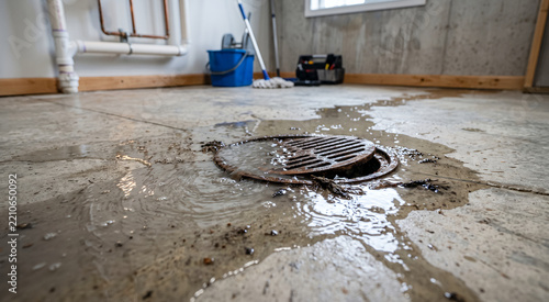 Floor drain sewage backup flooding basement, plumbing emergency and contaminated wastewater overflow