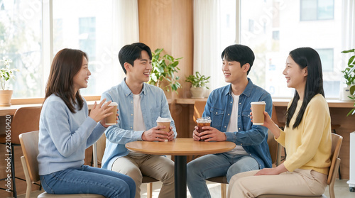 카페에서 커피를 마시며 대화하는 아시아 친구들 · Asian Friends Chatting Over Coffee in Cafe