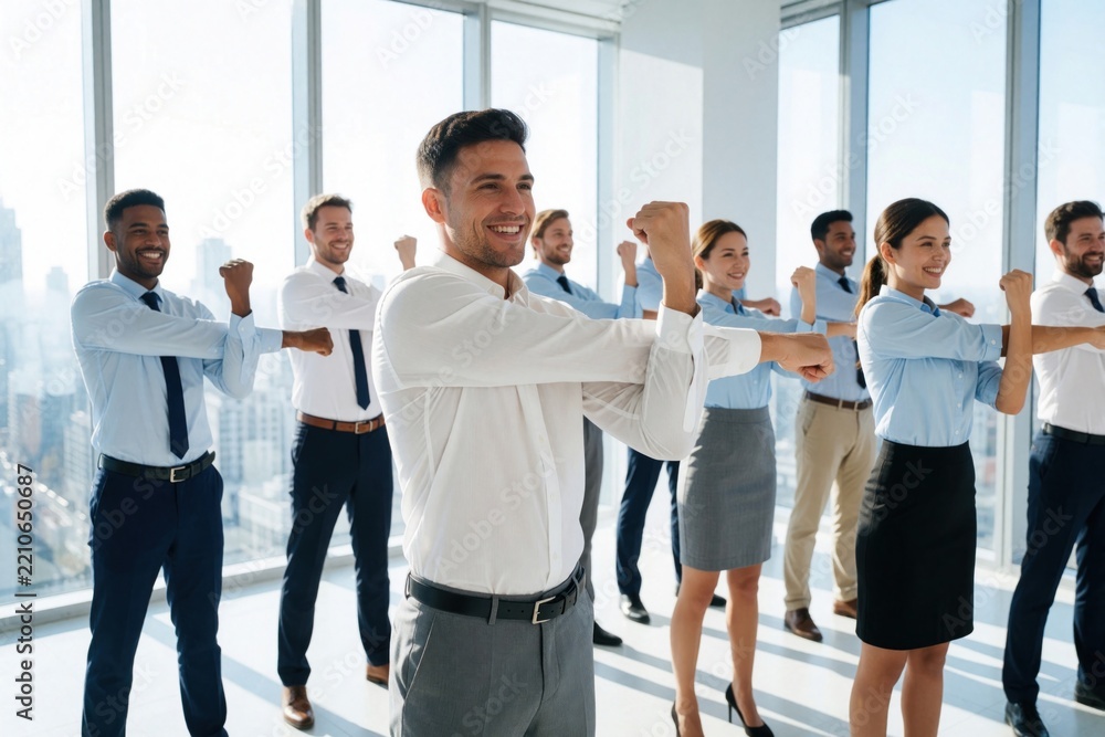Fototapeta premium Group of diverse business people stretching exercises in modern office. Happy employees follow coach for morning warm up to improve health, mobility. Teamwork fitness class at workplace helps staff
