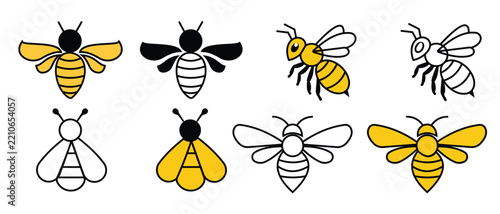 Collection of Stylized Bee and Honeybee Icons,  Collection of yellow cute honey bees for logo, Monochrome design of six bees.