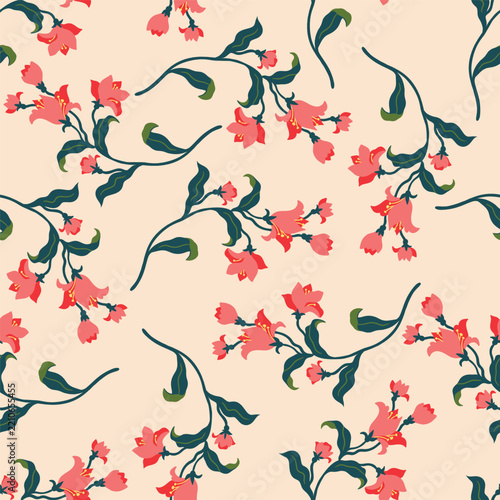Peach Delicate Flowers Vector Seamless Pattern