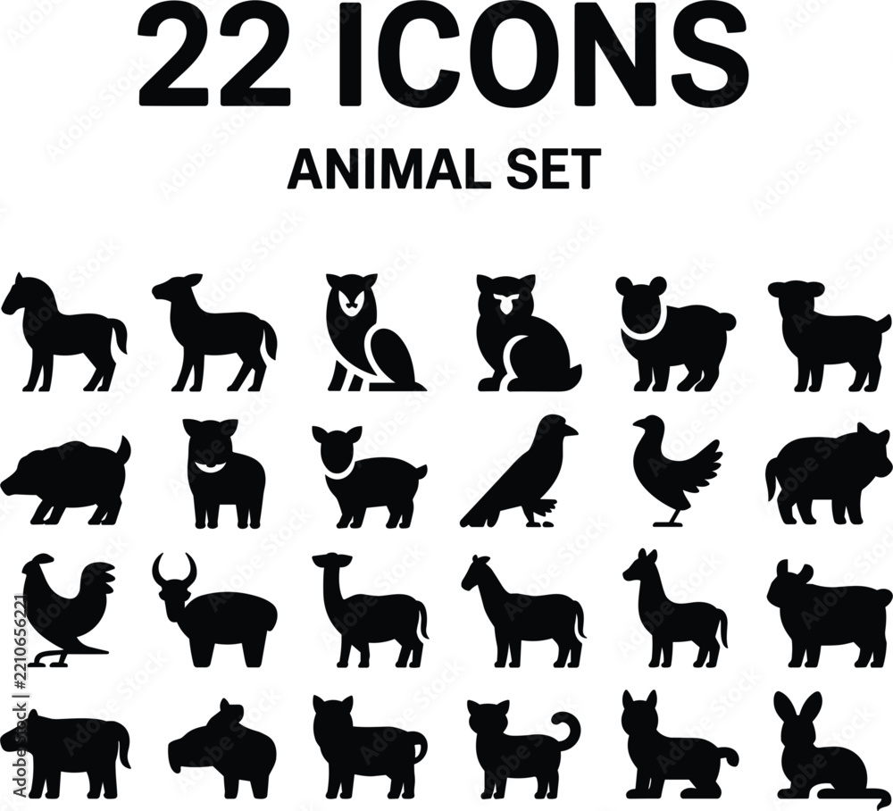 Obraz premium Domestic livestock and wild animal black silhouette icon collection featuring farm birds mammals and zoo creature graphics