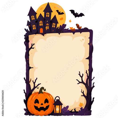 Haunted House Halloween Frame with Pumpkin and Full Moon