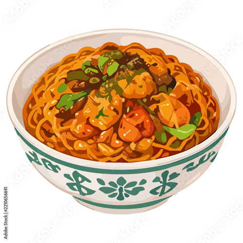 Mie Aceh Asian Noodle Bowl with Shrimp Vegetables and Herbs Food Illustration