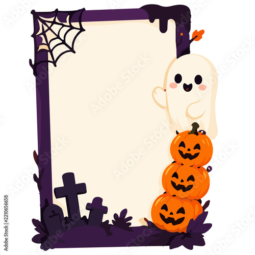 Spooky Halloween Graveyard Frame with Ghost Pumpkins and Cobweb