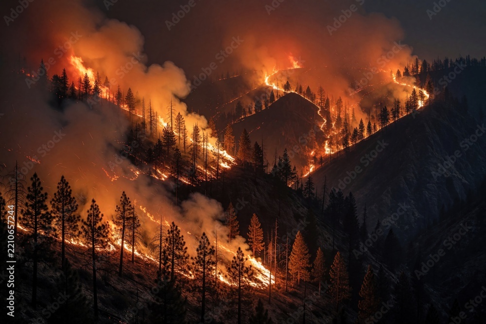 Obraz premium Aerial view of massive forest fire burning on mountain slopes at night. Large orange flames, thick smoke rise from pine trees during wildfire disaster. Intense heat, glowing embers destroy woodland