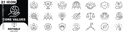 Collection of twenty one line icons representing core values and business concepts