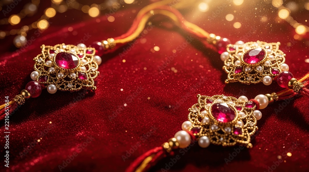 Obraz premium Traditional Rakhi bracelets lie on luxury red velvet fabric. Ornate gold jewelry with ruby stones, white pearls decorates festive background. Sacred Hindu thread for Raksha Bandhan celebration