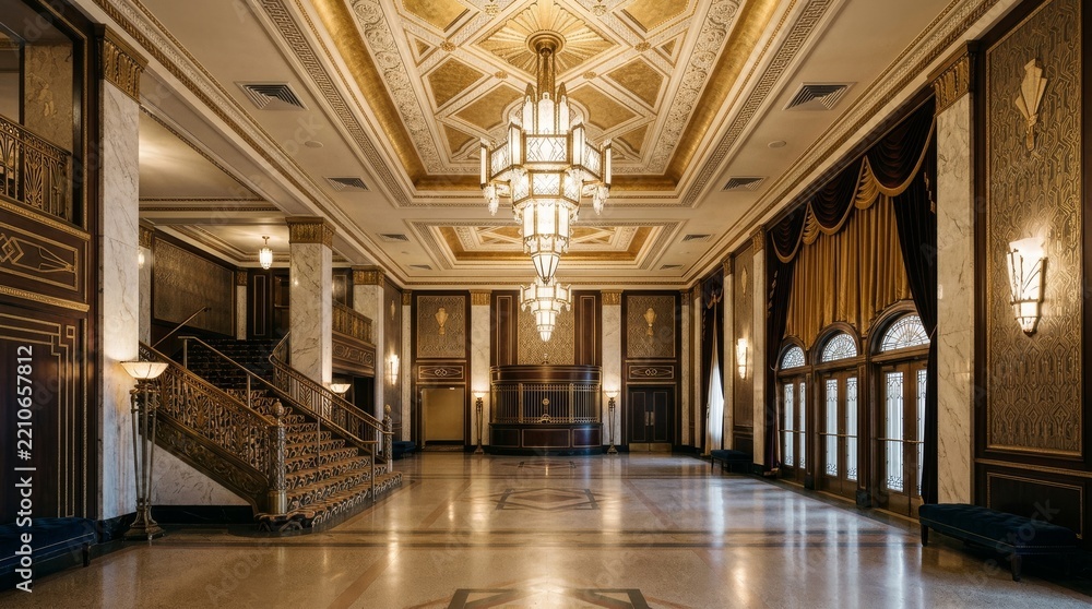 Obraz premium The elegant grand hotel lobby features a large crystal chandelier hanging from the ceiling.