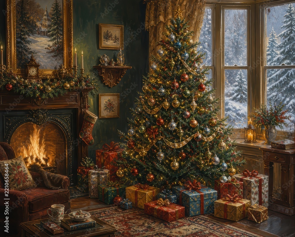 Obraz premium Cozy Christmas living room with decorated tree and fireplace