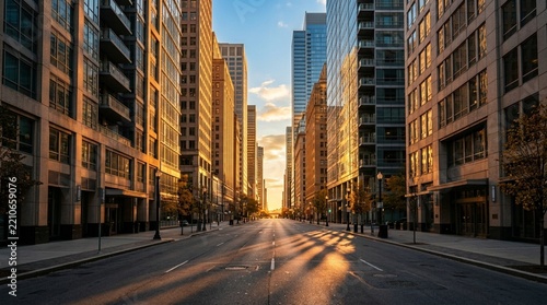 Golden Hour City Street with Tall Buildings and Dramatic Shadows