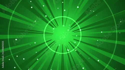 Abstract green background with radial light rays and floating particles.