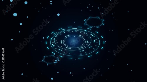 Abstract digital technology background with glowing blue circular interface elements and particles.