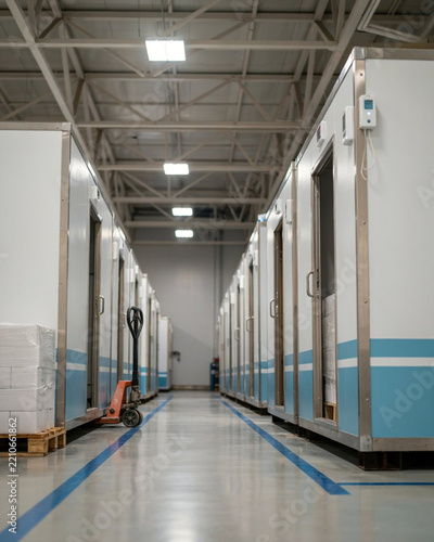 Warehouse corridor with refrigerated units and pallet jack for cold storage logistics.
