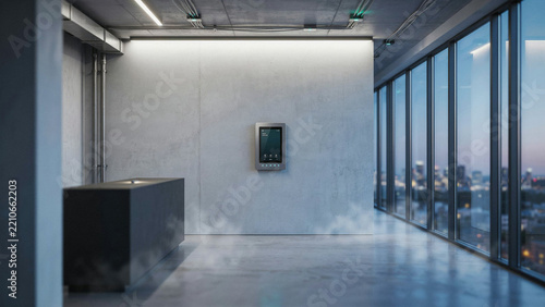 Smart access control system on a minimalist concrete wall, modern hallway with city view.