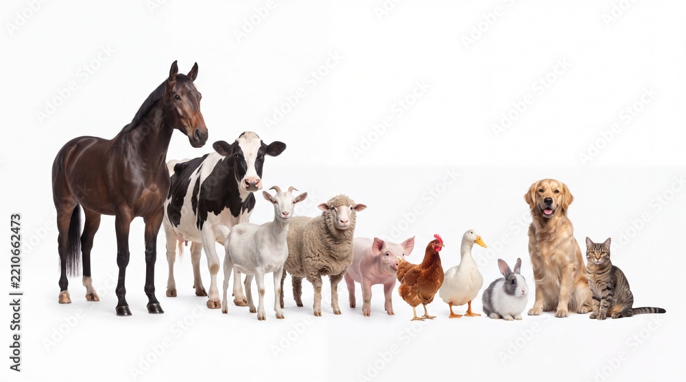 Obraz premium Group of farm animals standing together on white background photo