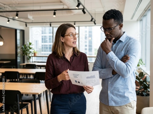 Business meeting in a modern office space with discussion and analysis