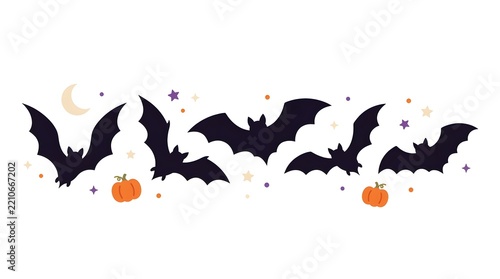 Row of silhouettes of halloween bats and smiling orange pumpkins with stars flying bats bat colony