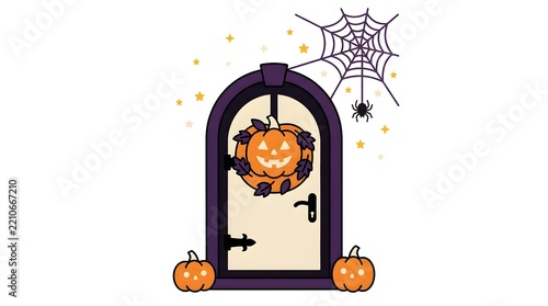 Halloween archway door with pumpkin wreath and spider web decoration graphic design halloween