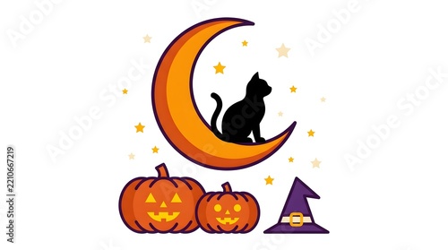 Black cat silhouette sitting on glowing orange crescent moon with pumpkins witch hat jack o lanter