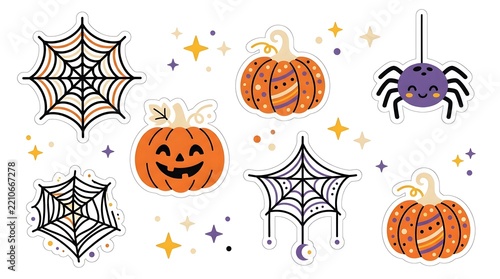 Halloween decoration set with carved pumpkins spider webs hanging spider and magical stars