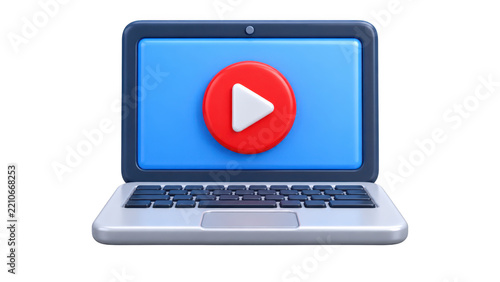 3D laptop computer icon with a red play button on screen