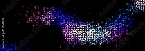 Abstract voronoi mosaic pattern in glowing blue, purple and pink on black background, stained glass texture