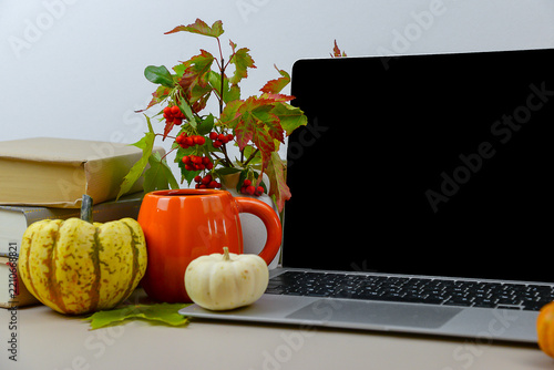 Autumn workspace with laptop, colorful pumpkins, books, candle and fall leaves arranged on a cozy neutral desk.