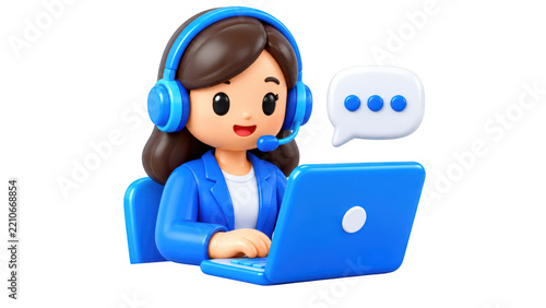 3D customer service agent with headset and laptop isolated