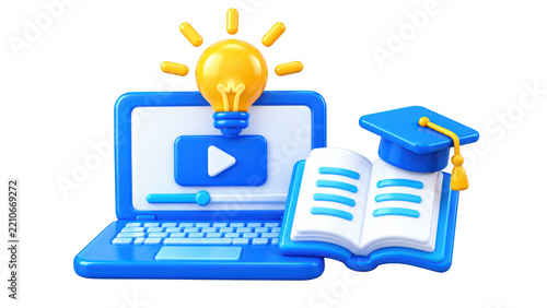 3D laptop with lightbulb and graduation cap for online education