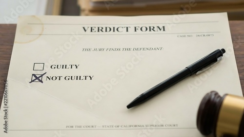Not guilty verdict form with pen on table