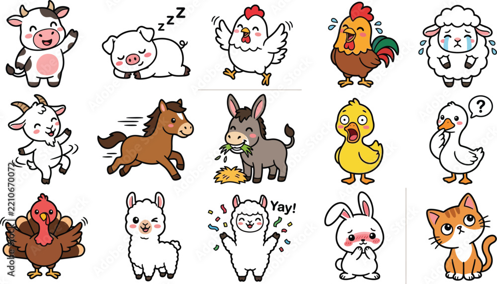 Obraz premium Kawaii Farm Animal Character Set, Cute Cartoon Livestock and Pets Isolated on White Background