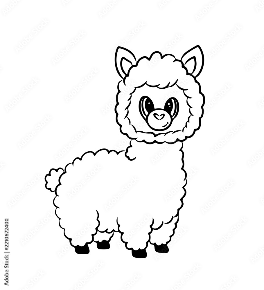 Obraz premium Cute fluffy alpaca vector outline illustration for coloring book or design