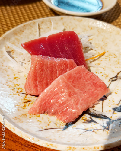 Premium fatty tuna sashimi served on Japanese ceramic plate