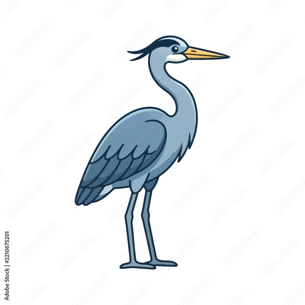 Fototapeta premium Illustration of a standing blue heron with yellow beak on white background.